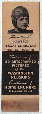 41RM 1941 Washington Redskins Matchbook Sammy Baugh